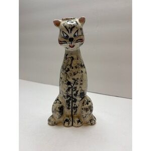 Vintage E Knaster Signed Ceramic Cat Bud Vase Figurine Black White Splatter 8in